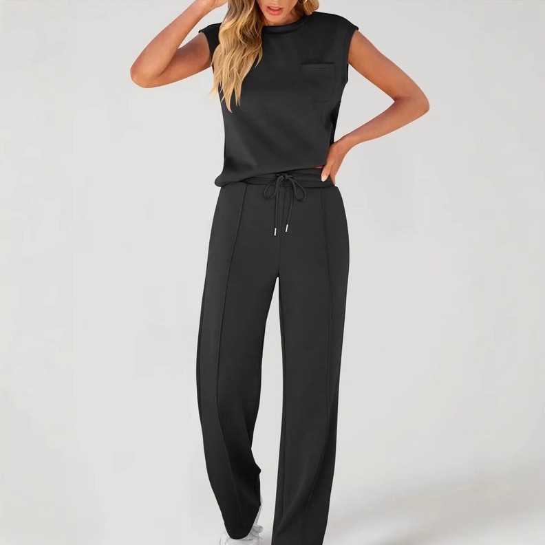 Women's Casual Outfit Set Sleeveless Top High Waist Wide Leg Pants Two Piece Summer Pure Color Loose Fit Comfortable Polyester Spandex Stretchy_voghion.com