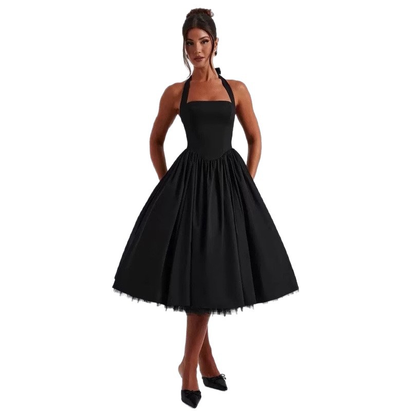 French Halter Neck Backless Dress Sexy Tie Up Midi Skirt Mesh Fabric Women's Clothing New_ecoleips.com