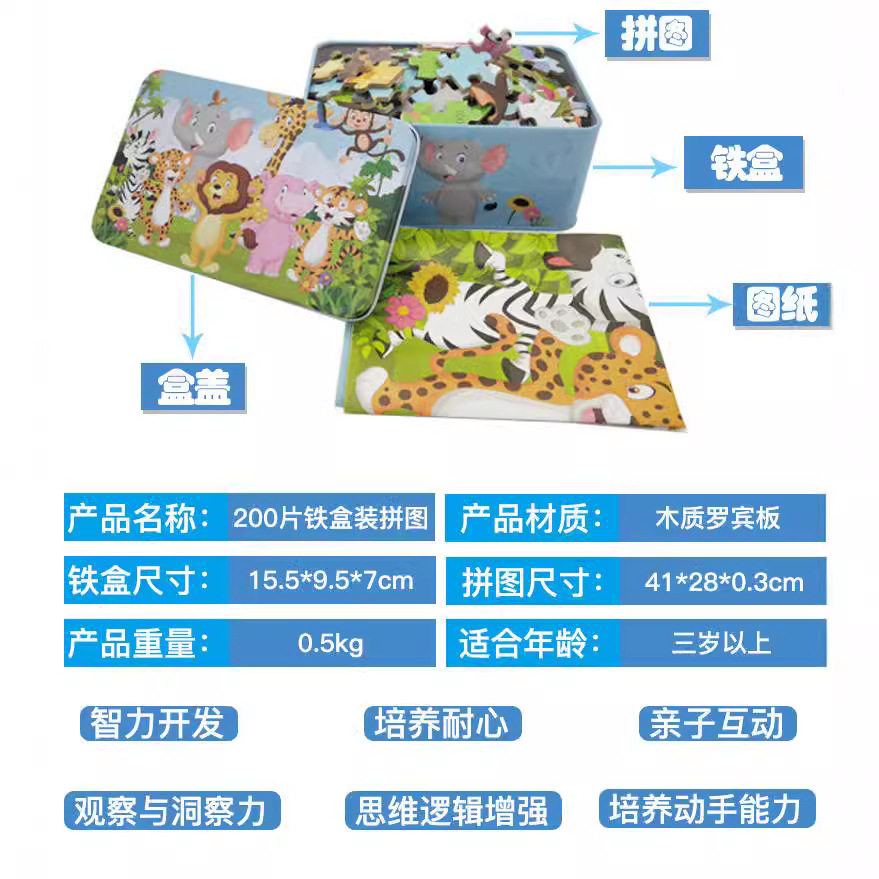 Directo de fábrica madera los niños educación temprana oversized 200 unidades rompecabezas caja hierro rompecabezas la historieta parada Venta caliente Juguetes