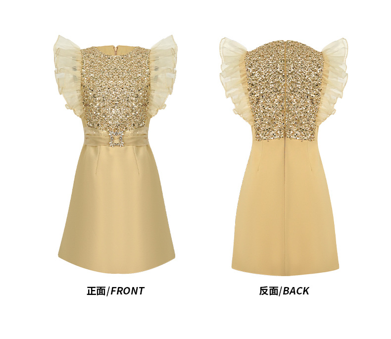 Váy đầm ôm body sequin tay bồng mùa hè 2026 dáng nhỏ — Màu vàng kim chi tiết 6