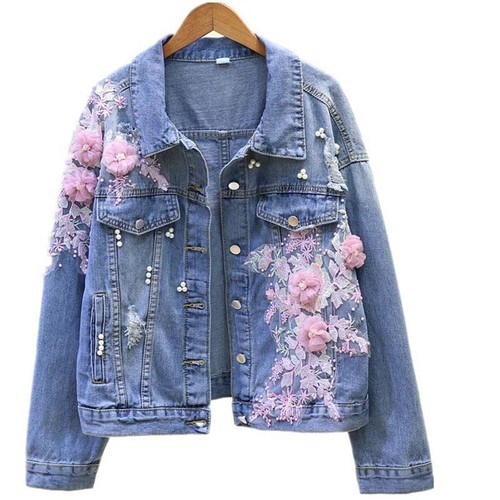 【】Women's Denim Short Jacket Loose-Fitting Spring and Autumn New Korean-Style Heavy Embroidery Three-Dimensional Floral Ripped