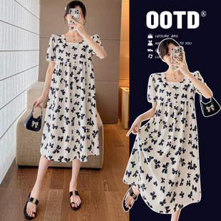 Pregnant Women Summer Dress Fashion Square Collar Butterfly Midi dress Loose plus size Maternity Short Sleeve dress