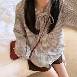 复古设计感格纹长袖衬衫女春秋季新款蝴蝶结绑带减龄百搭开衫衬衣