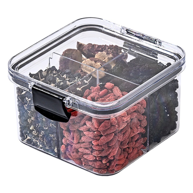 Tarro de almacenamiento de té de flores cuadrado de cuatro compartimentos Anhui-Mongolia, recipiente de plástico para almacenamiento de granos, tarro sellado a prueba de humedad.