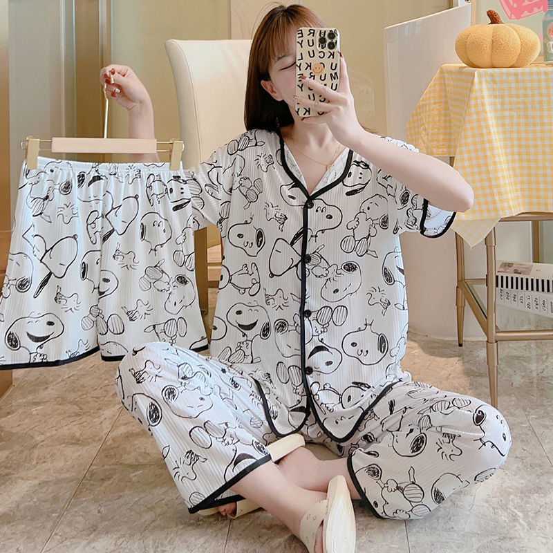 Explosión de tres piezas Cardigan pijama de mujer de verano de mangas cortas pantalones largos delgados se pueden usar dibujos animados dulce conjunto de ropa para el hogar