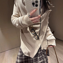 批发代发 早秋设计感不规则针织开衫女长袖慵懒风宽松外套上衣