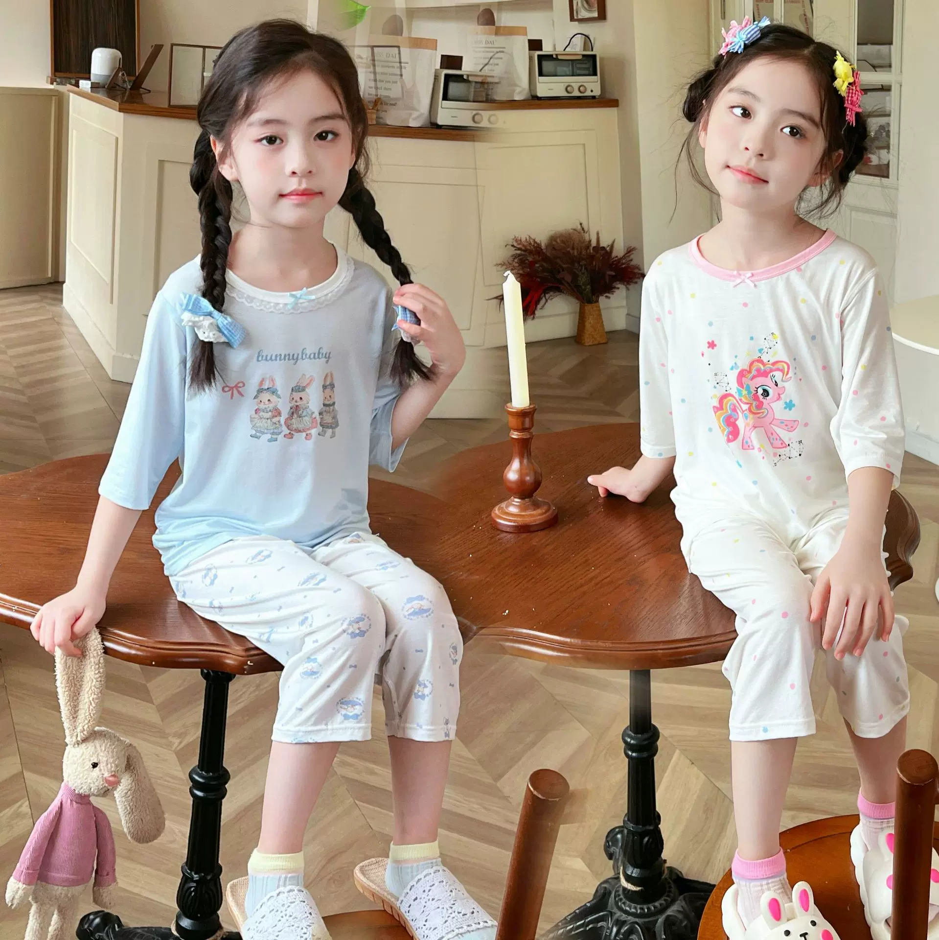 儿童睡衣夏季薄款雅赛尔男孩七分袖花边宝宝空调服女童家居服套装