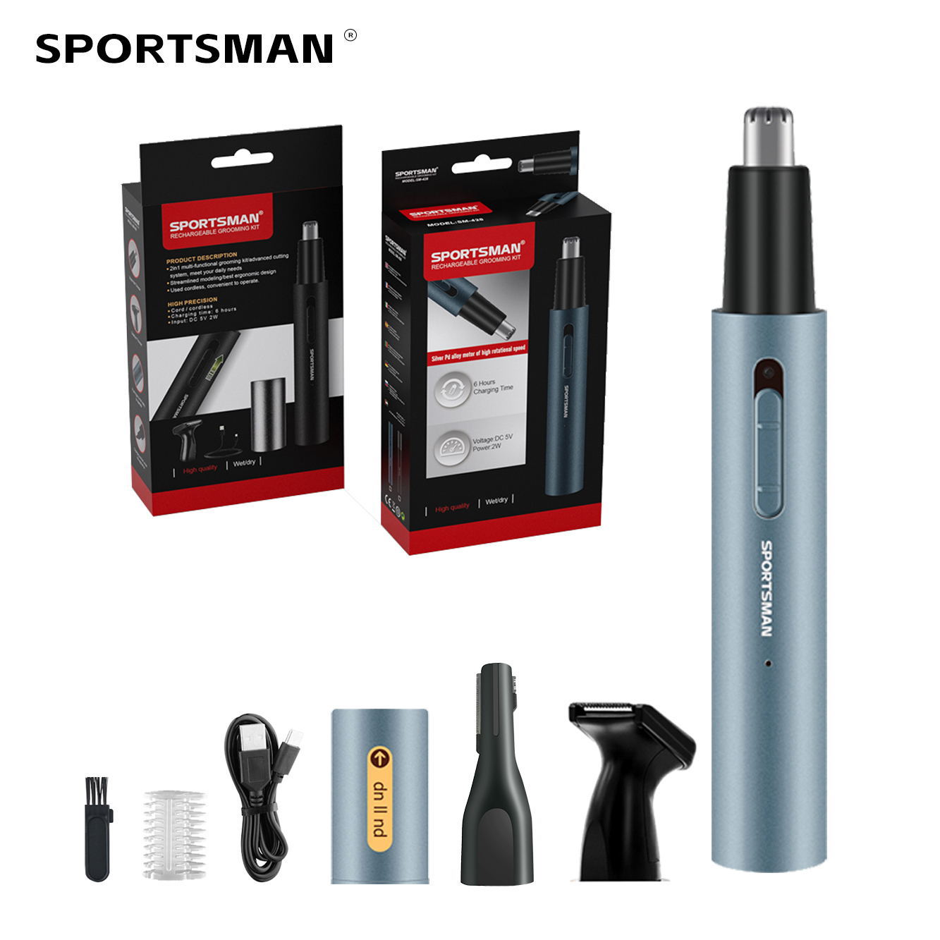 Tubo de aluminio metálico transfronterizo cortador de pelo de nariz eléctrico pintura para hornear recargable multifuncional reparador de pelo de afeitado de nariz dos en uno