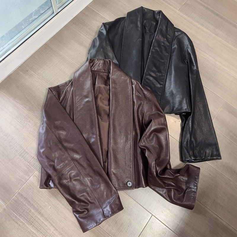 Yang Mi Style Genuine Leather Jacket for Women, Haining Sheepskin Oil Wax Leather Short Coat for Petite Figures, New Autumn 2025 Model