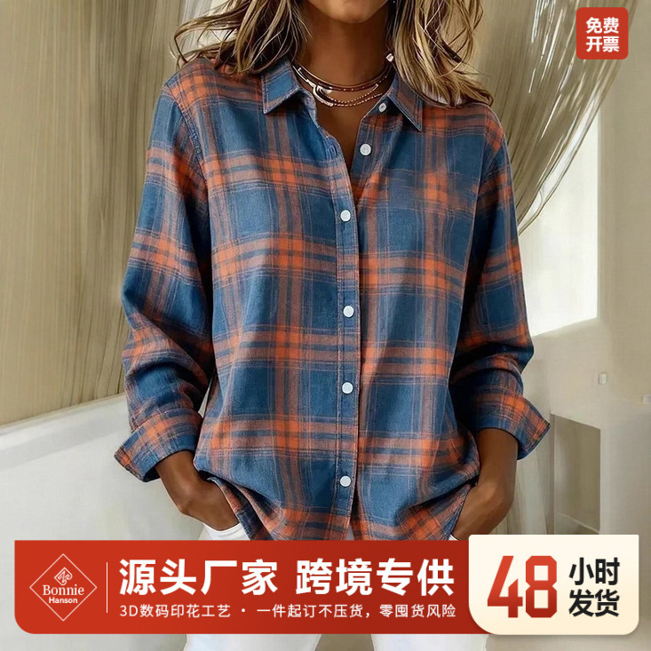 2025 Independent Station Amazon Hot Style Women's Autum Shirt New European and American Trendyy Plaid Printed 3D Shirt