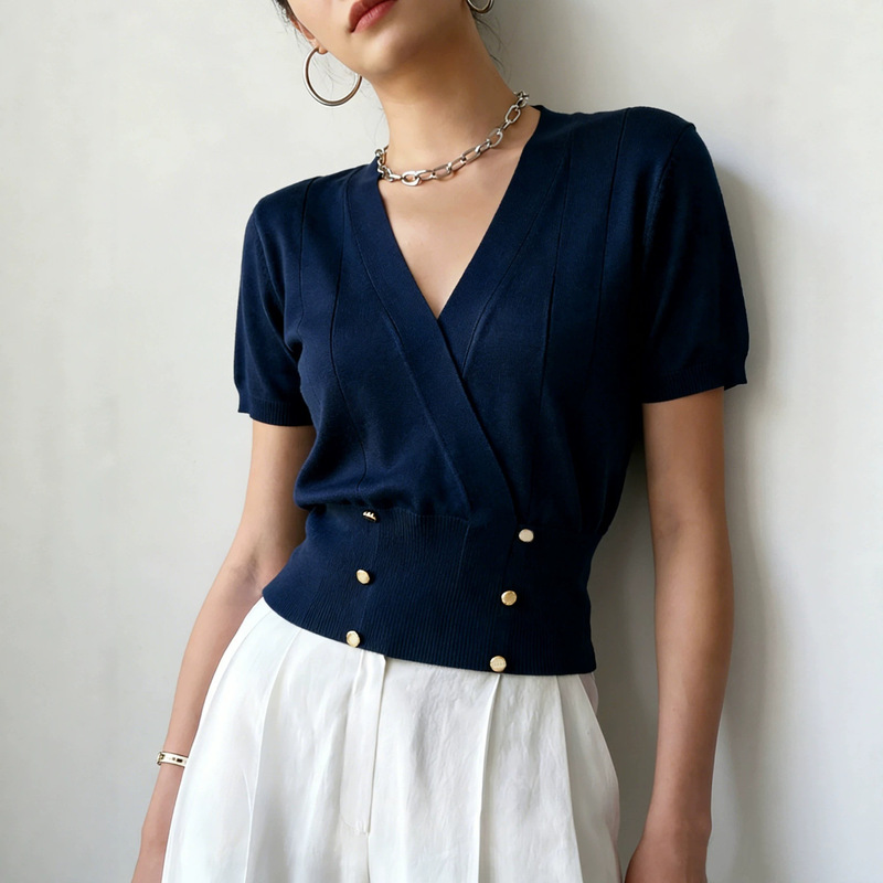 Cross-Border Hot-Selling Women's Knitwear with Solid Color, Crossover Collar, Waist-Cinching, Faux Button Design, Not Monotonous, Slim Fit, Versatile, Casual