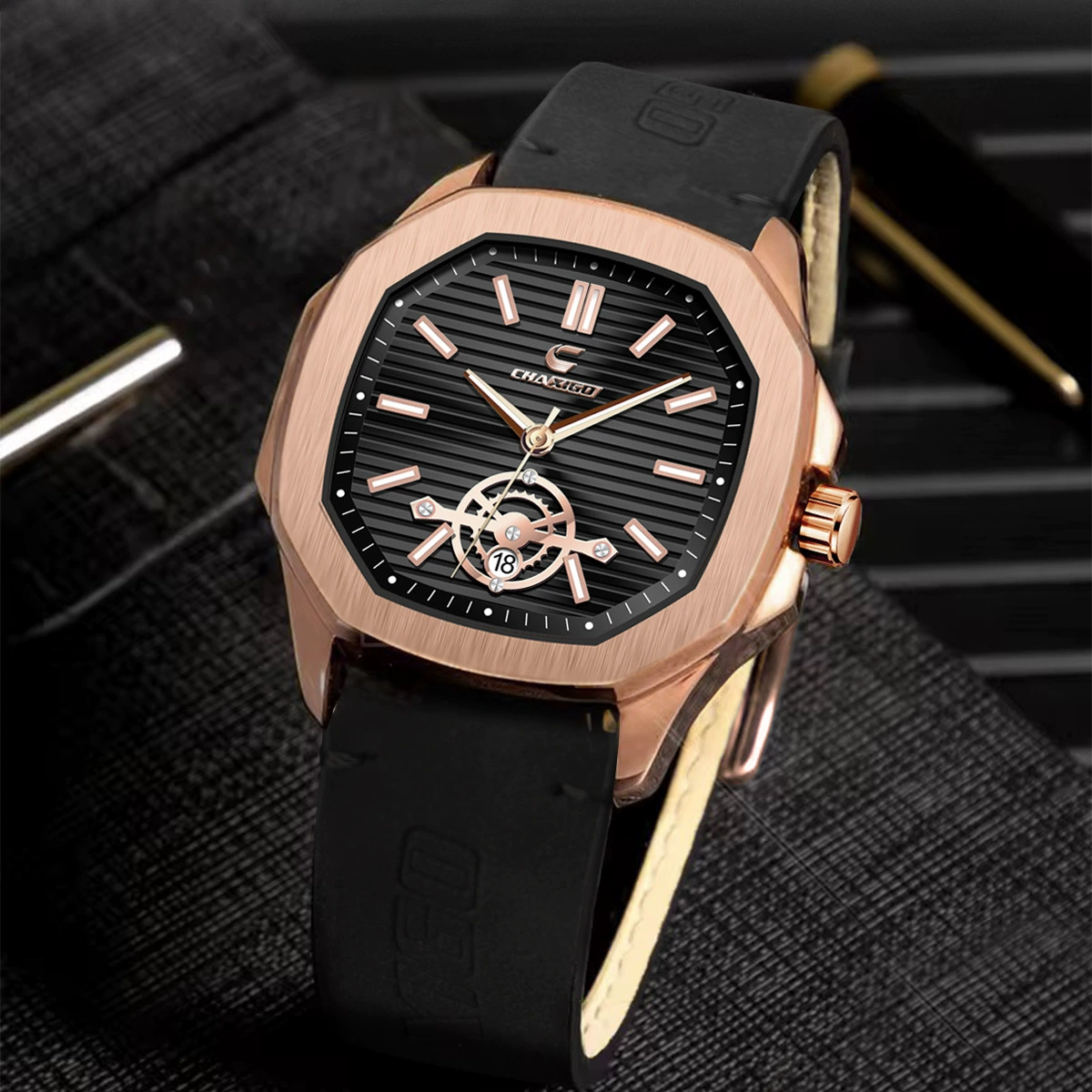 Мужские часы CHAXIGO из сплава, водонепроницаемые, с кожаным ремешком, календарем, из нержавеющей стали, кварцевые, для трансграничной торговли