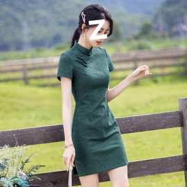 墨绿色旗袍女新款年轻款少女改良新中式日常小个子高端夏季短款