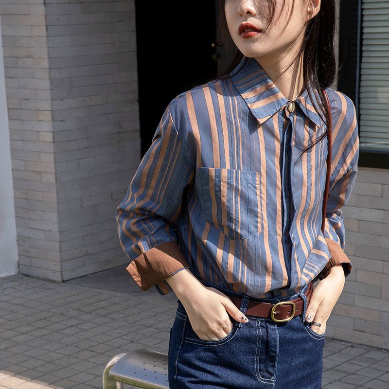 2024新款春装复古港味撞色条纹长袖衬衫女设计感小众法式独特小衫