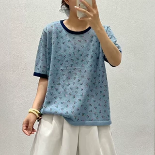 2026夏季新款圆领碎花针织衫短袖T恤女宽松休闲亚麻薄款上衣3010
