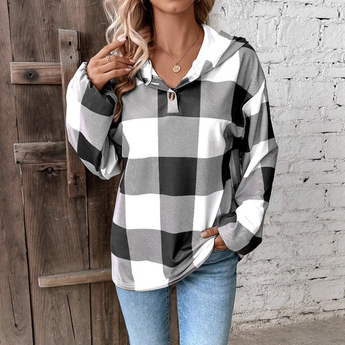 New Autumn/Winter Women's Fashionable Loose Casual Hoodie with Plaid Print and Button Closure, Long Sleeves – European and American Style