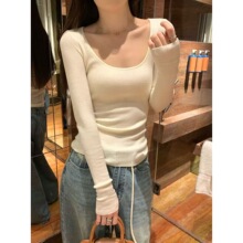 美式2025秋冬韩版气质温柔方领修身6羊毛内搭针织衫毛衣打底上衣