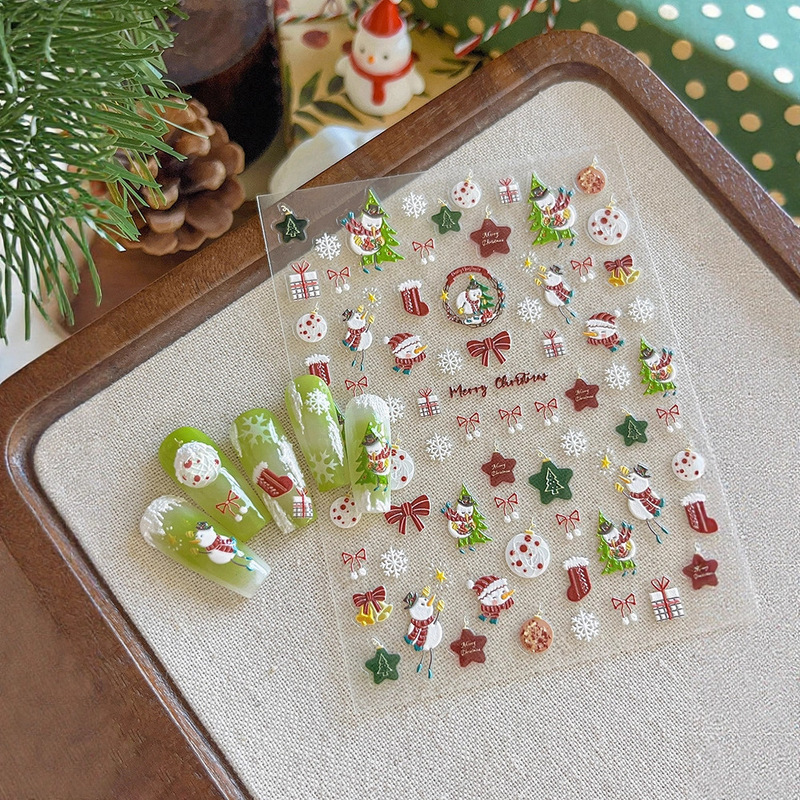 Embossed Christmas Nail Art Stickers Cartoon Snowman Christmas Tree Stickers Three-Dimensional Hot Stamping Christmas Wreath Nail Decals