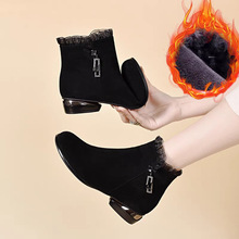 跨境小短靴圆头磨砂蕾丝边2025新款及踝靴子女秋冬加绒软底妈妈鞋