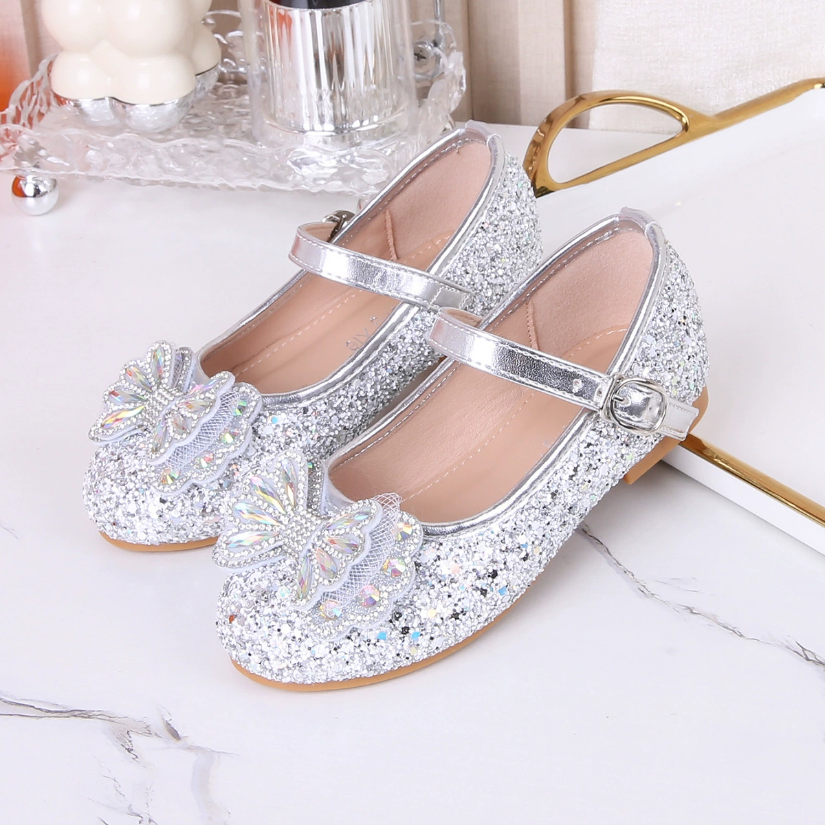 Shoes for princess, children's nail sequins with bow for leather shoes, new collection, autumn