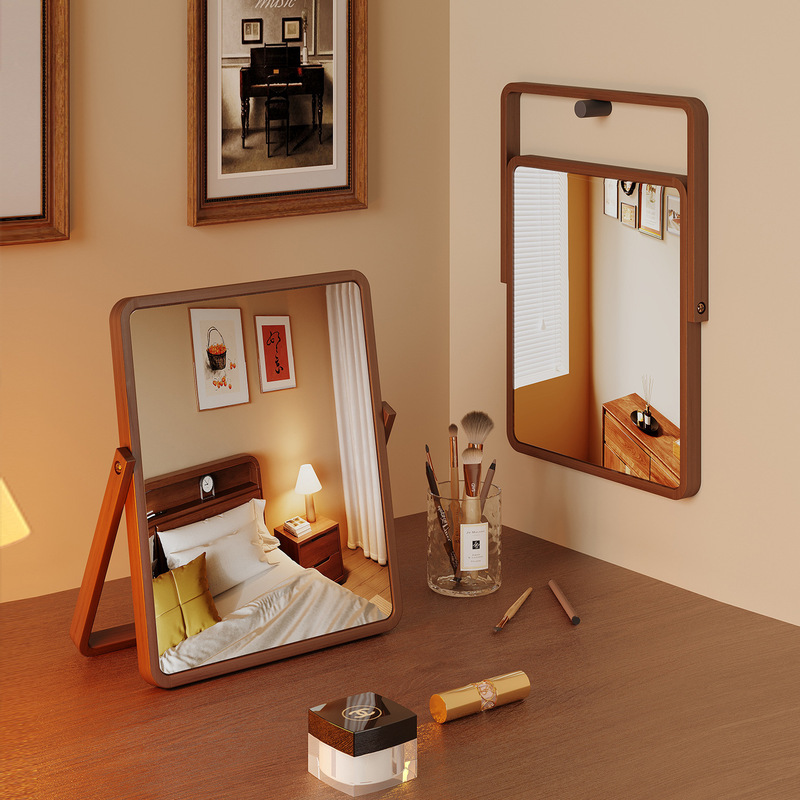 Vintage-Style Makeup Mirror for Home Bedroom, Wooden Crafts Wholesale, Custom-Made Dressing Mirror, Wall-Mounted and Tabletop Dual-Use Mirror