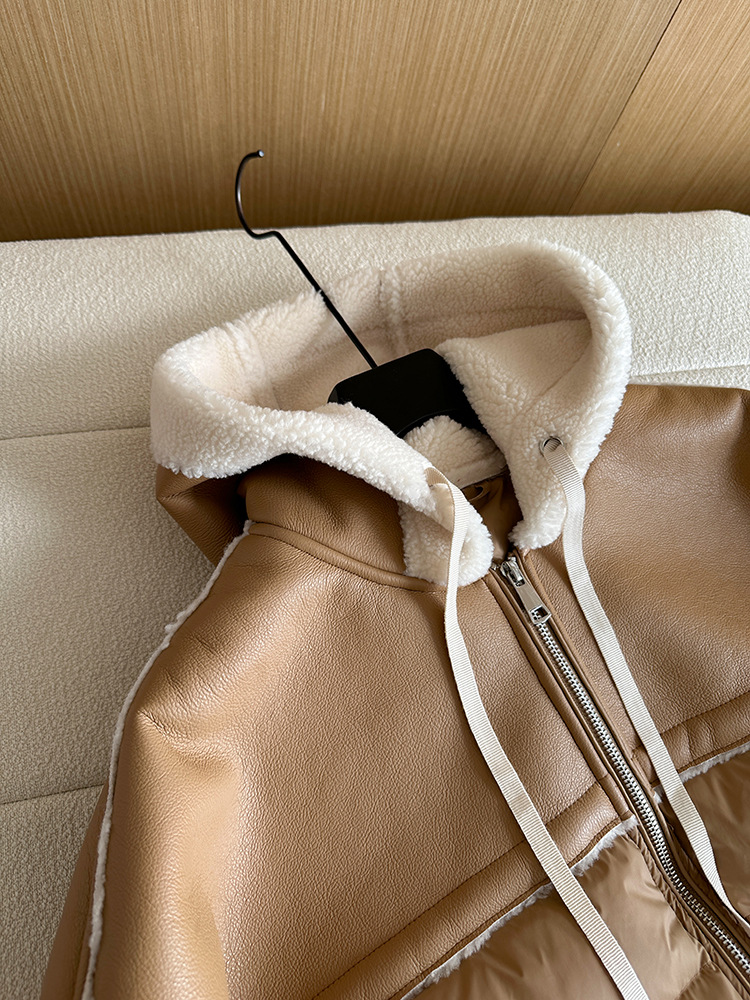 Giacca corta europea in piumino per donna stile corto cuciture colore a contrasto pelle PU leggera lusso alta qualità maglione largo 2024 nuovo inverno_voghion.com