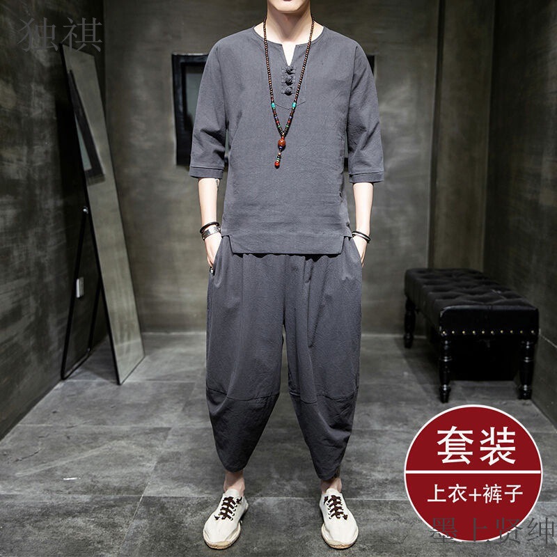 Summer Chinese Style Linen suit Men's Short-sleeved T-shirt Casual Loose Antique plus size Cotton Linen Hanfu T-shirt Tang Suit