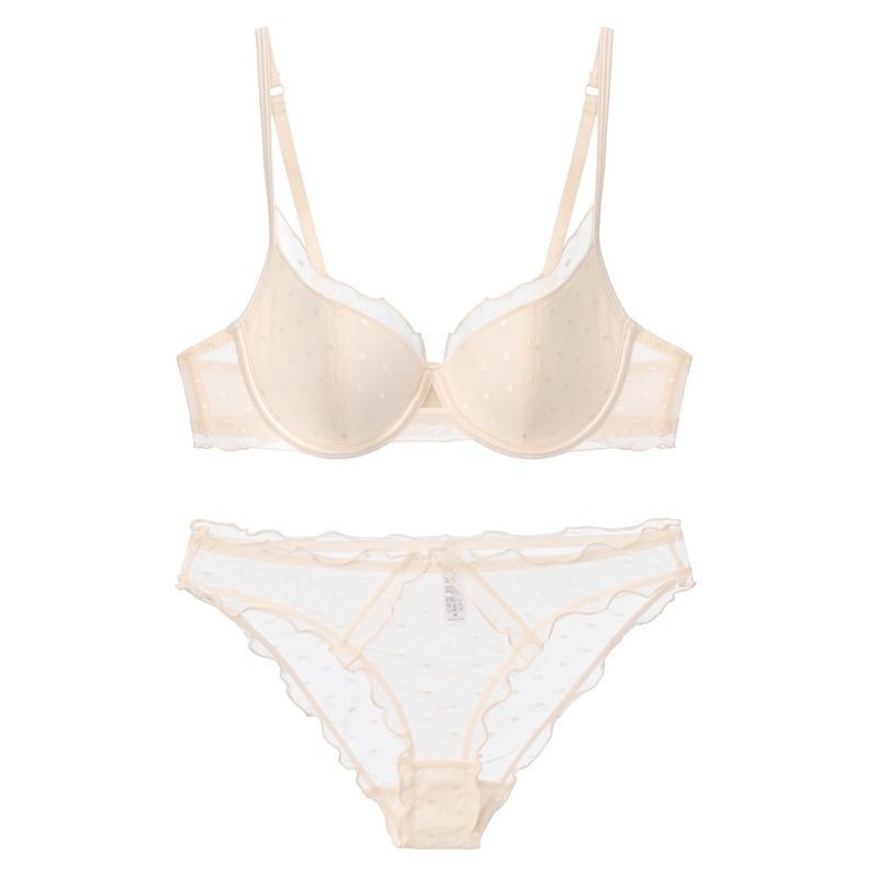 Autumn and Winter New French Intimates Women's Small Breast Push-Up Thin New Pure Desire Polka Dot Mesh Soft Steel Ring Bra Set