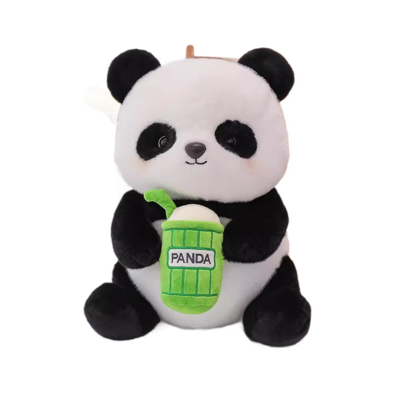 Linda simulación panda gigante muñeca peluche sosteniendo taza de té con leche muñeca muñeca regalo de cumpleaños para niños para novia