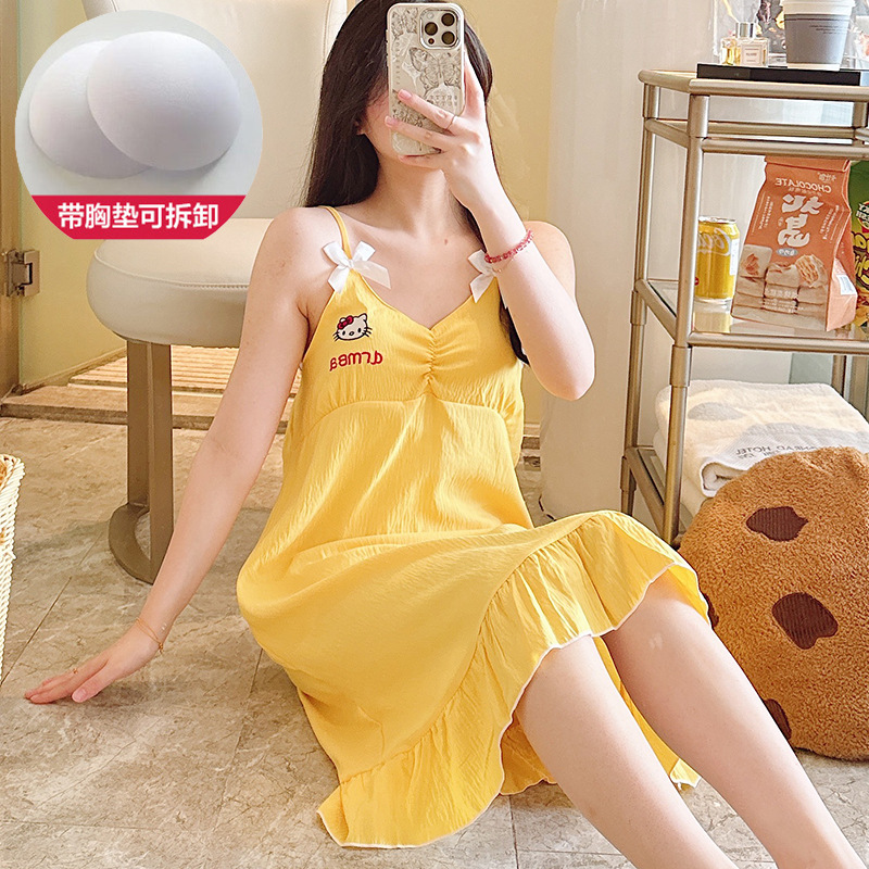 Pijama de cabina de verano nuevo con cojín de pecho de algodón dulce lindo simple pijama casero vestido al por mayor comercio exterior