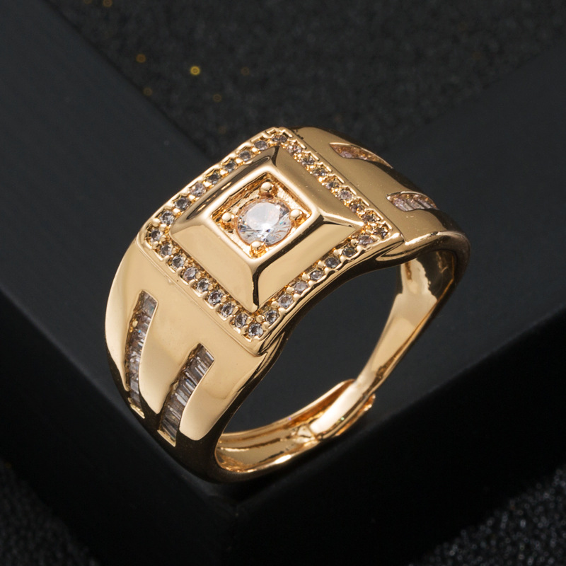 New Copper Plated Real Gold Micro Inlaid Zircon Geometric Men's Opening Ring display picture 4