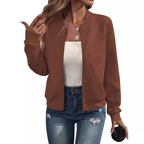 Amazon European and American cross-border foreign trade 2025 autumn and winter new solid color zipper jacket baseball collar casual jacket for women