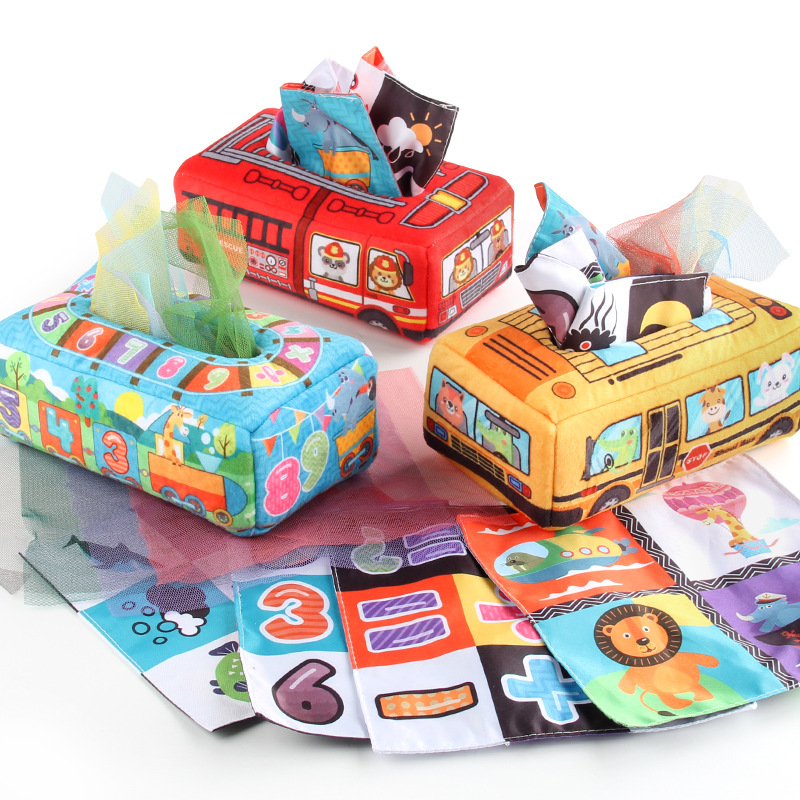 Bebé Educativo Educación Temprana libro de tela caja de juguete bebé sonando papel libro de tela simulación tren autobús escolar caja de pañuelos a prueba de lágrimas
