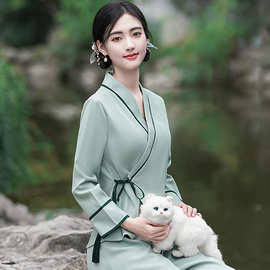 中国风茶服女秋冬上衣中式服装禅意文艺改良汉服套装采耳师工作服