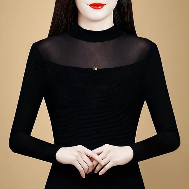 Black Half Turtleneck Mesh Bottoming Shirt Women's Long-Sleeved T-Shirt 2024 New Style with Velvet Lace Top Feel
