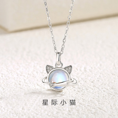 宇宙星球猫咪项链纯银韩版小众卡通动物镶锆猫耳朵吊坠百搭锁骨链