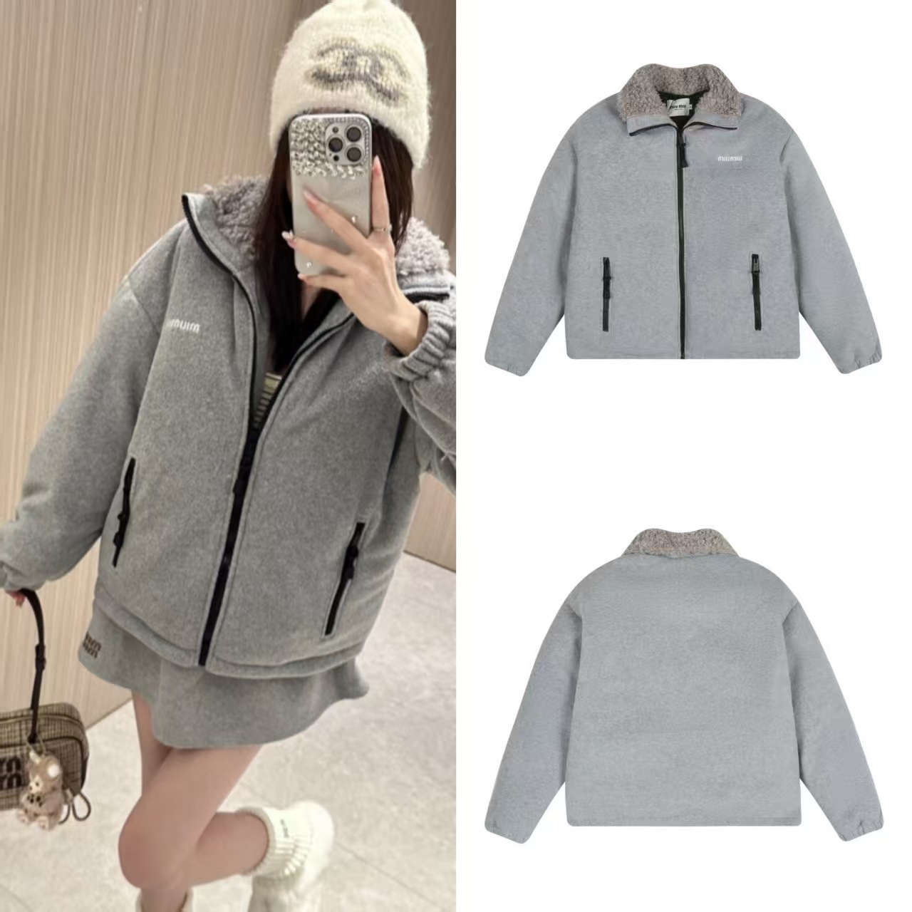 MM家25s 秋冬新款字母刺绣羊毛翻领摇粒太空绒羽绒服夹克外套