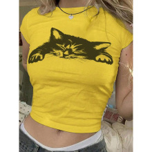 M 77193 Ladies' cat printed cropped T-shirt è��ӡ��¶�����