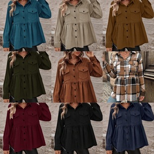 European and American Cross-Border Hot-Selling Casual Corduroy Shirt with a Doll-Like Face, Ruffled Edges, Large Size, Button-Up Jacket with Crinkled Texture