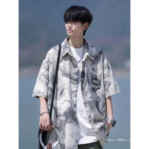 Hawaiian Beach Shirt Men's Short Sleeve Summer American Retro Tie-Dye High-End Cool Gangster Chiffon Floral Shirt