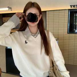 2026春季新款学院风假两件毛衣衬衫领小清新显瘦针织衫上衣女外搭