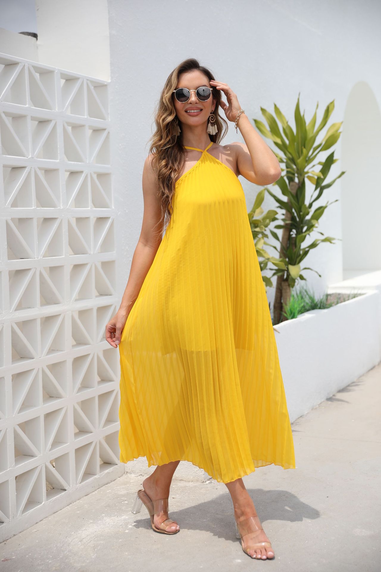 Primavera y verano, Europa y América, comercio exterior, nueva ropa de mujer, deseo Amazon, nuevos productos sin mangas, vestido de cuello, ropa de playa