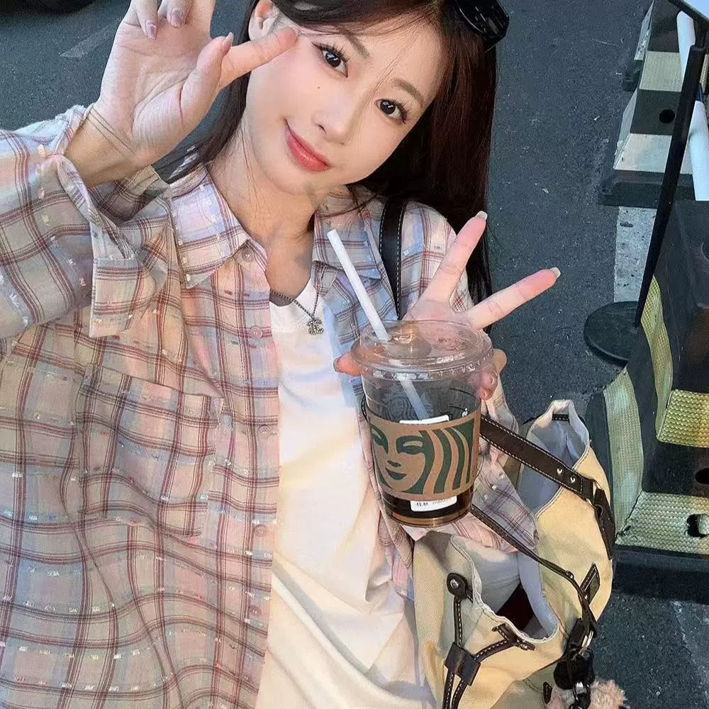 韩版休闲百搭粉格织带衬衫女春季新款设计感小众长袖衬衣外套上衣