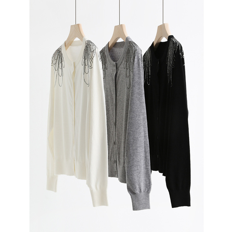 Spring Bc Light Luxury Shoulder Chain Heavy Embroidery Sequin Round Neck Silk Wool Knit Cardigan Top for Women 16062