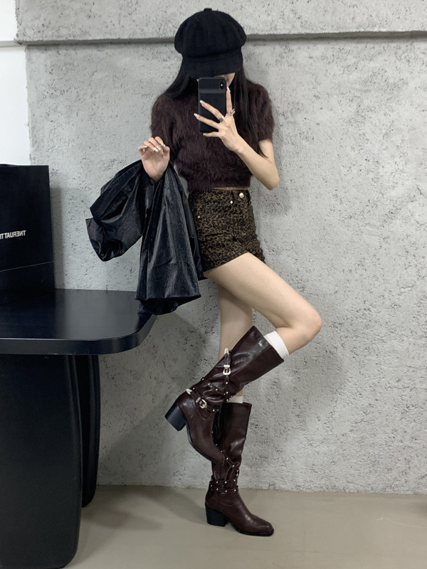复古棕色粗跟高筒靴骑士靴复古小众皮带扣长靴秋夏法式女靴西部靴|undefined