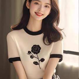 2025新款夏季小众别致设计感上衣针织正肩冰丝短袖t恤女夏款