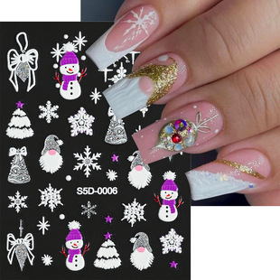 Cross-Border 5D Glitter Christmas Nail Stickers Small Size Christmas Tree Snowman Silver Glitter 5D Embossed Nail Stickers