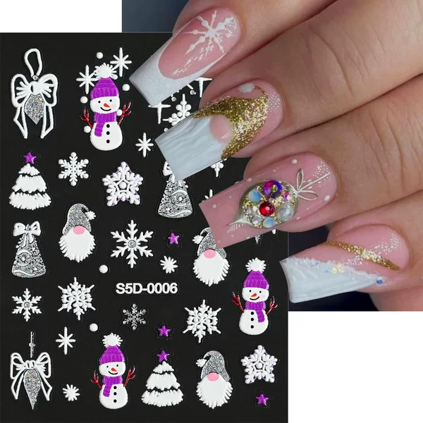 Cross-Border 5D Glitter Christmas Nail Stickers Small Size Christmas Tree Snowman Silver Glitter 5D Embossed Nail Stickers