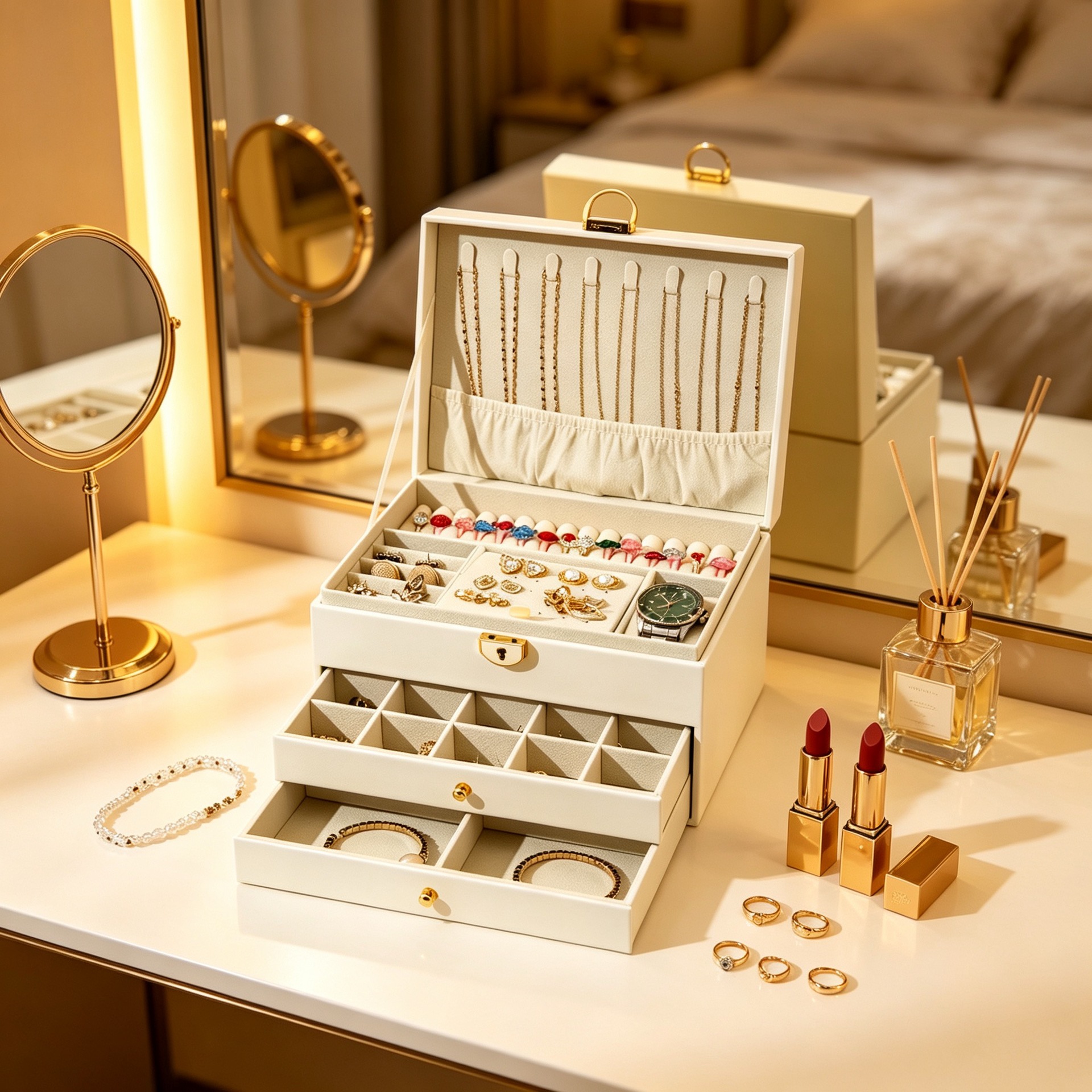 Caja de joyería de diamante de gran capacidad multifuncional, collar, anillo, caja de almacenamiento de joyas, caja de joyería anti-oxidación de tres capas
