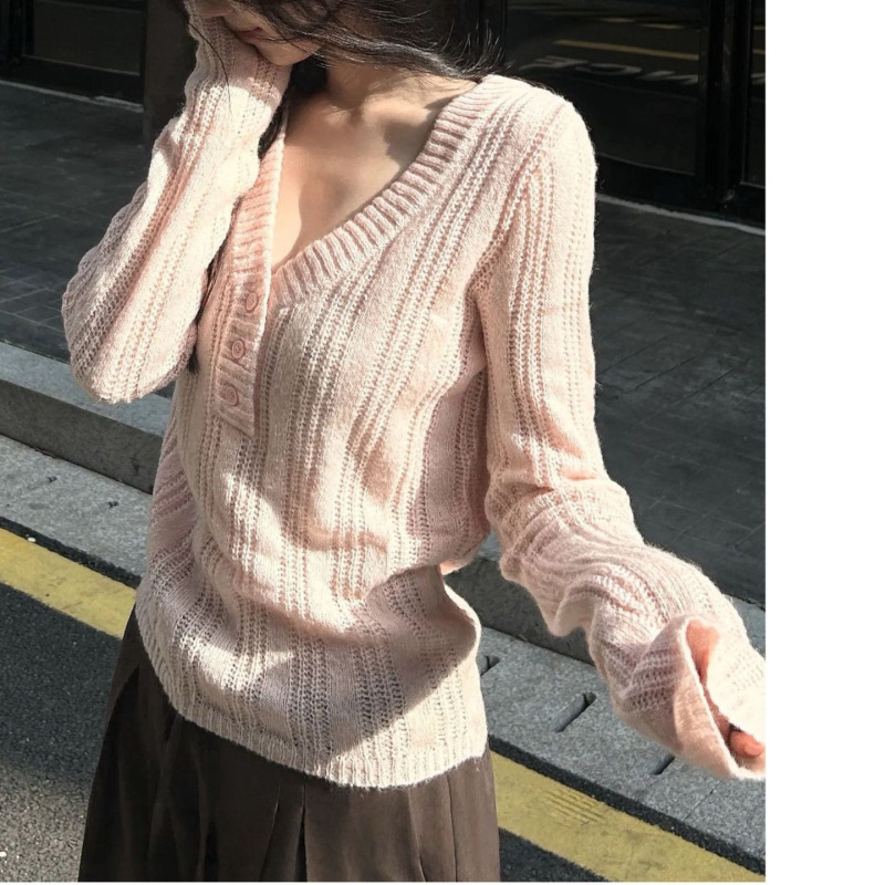 春秋新款韩系V领打底衫套头毛衣女设计感修身显瘦百搭上衣针织衫|undefined